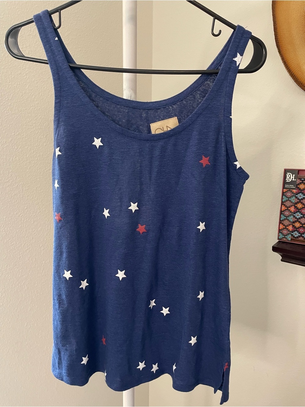 Chaser Navy Star Print Linen Tank Top - Blue, White & Red Stars - Picture 1 of 6